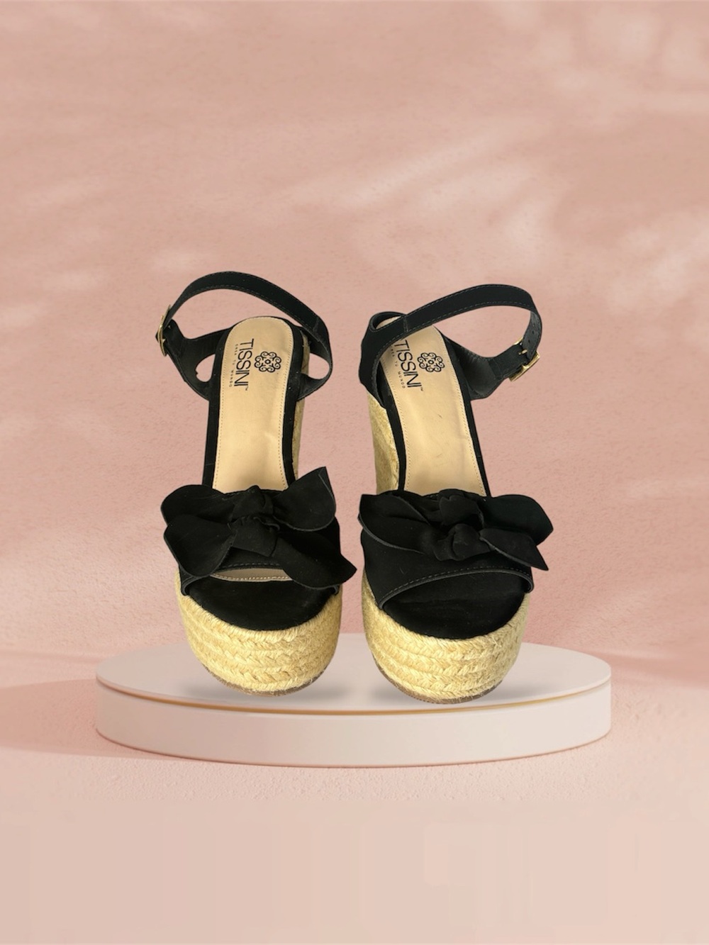 TISSNI Black Bow Espadrille Platform Wedges